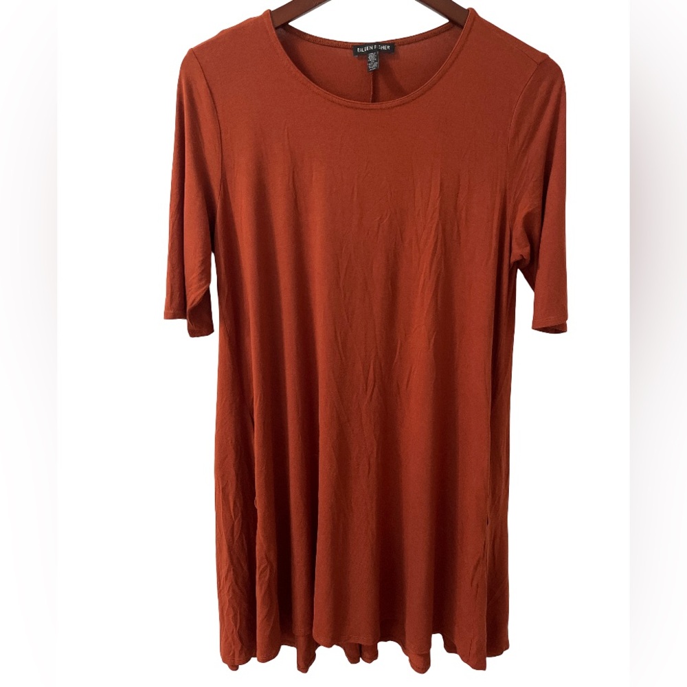 Eileen Fisher Womens Medium Burnt Orange Casual Shirt Dress Short Sleeve Pockets